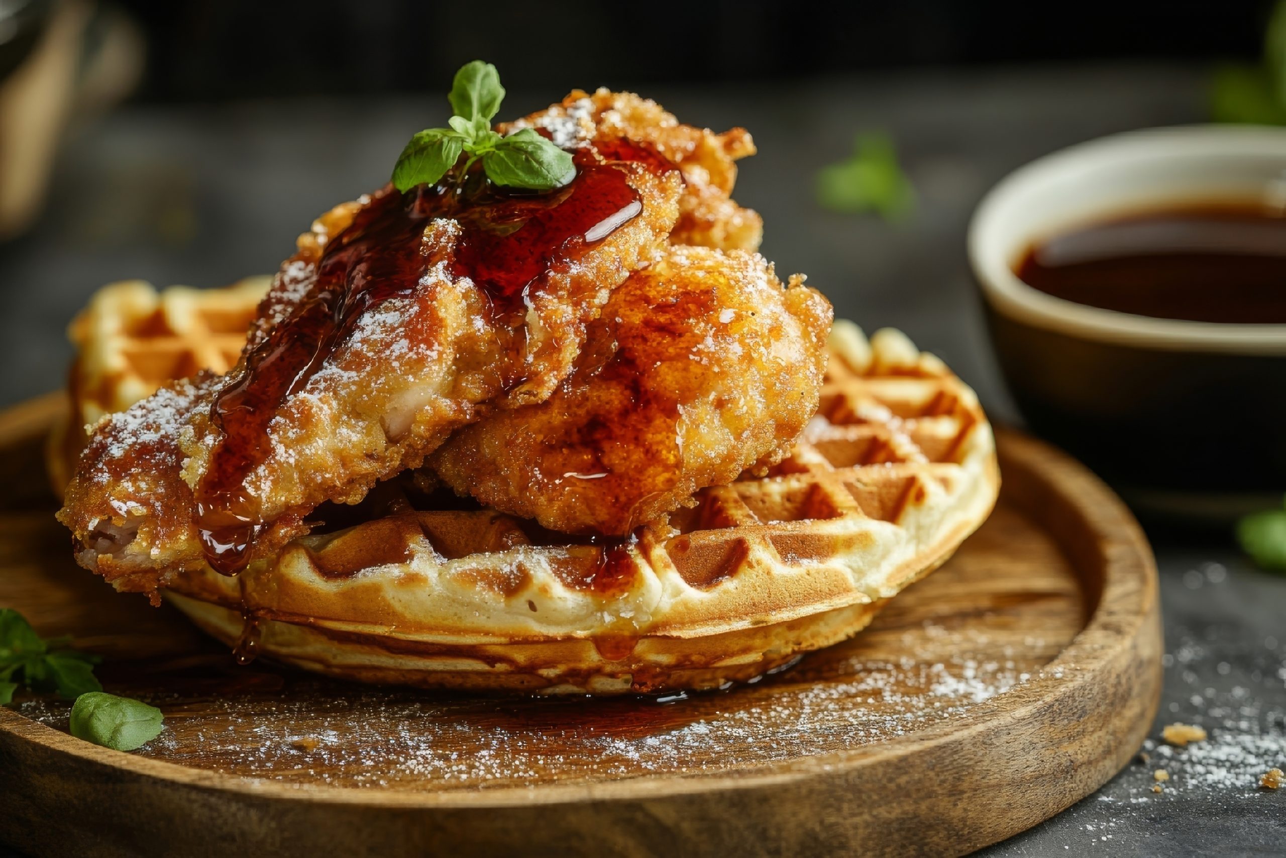 Fried,Chicken,And,Waffles,With,Syrup,Drizzle